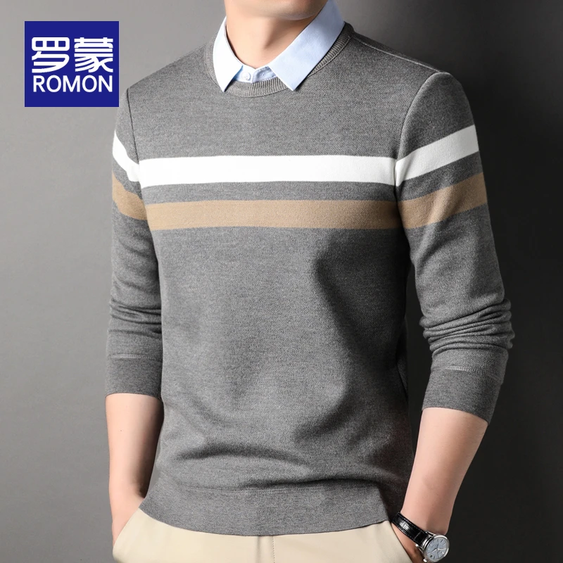 罗蒙男士毛衣男秋冬条纹针织衫男款爆款2025新款高档假两件打底衫