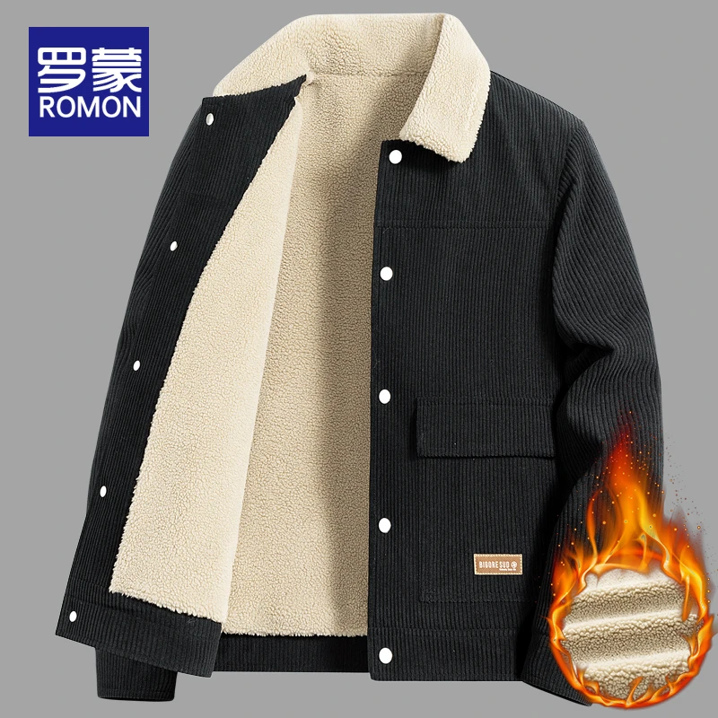 罗蒙秋冬加绒灯芯绒外套男士加厚工装夹克男冬季百搭翻领上衣男款