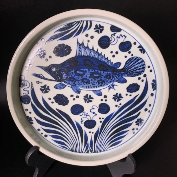 梵净茗心 元青花鳜鱼壶承21cm纯手工手绘鱼藻纹