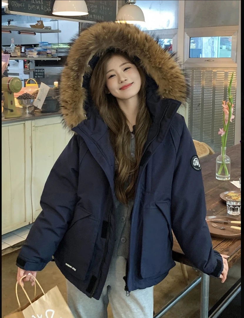 新款工装情侣毛领加厚棉服女士2024年冬新款休闲宽松学生保暖外套