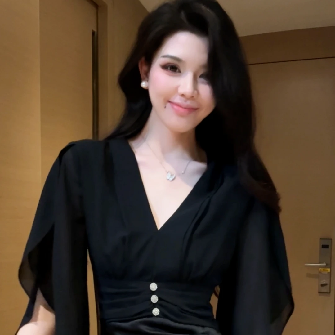 【海盐奶盖】4231款气质法式时尚名媛V领收腰显瘦女装连衣裙