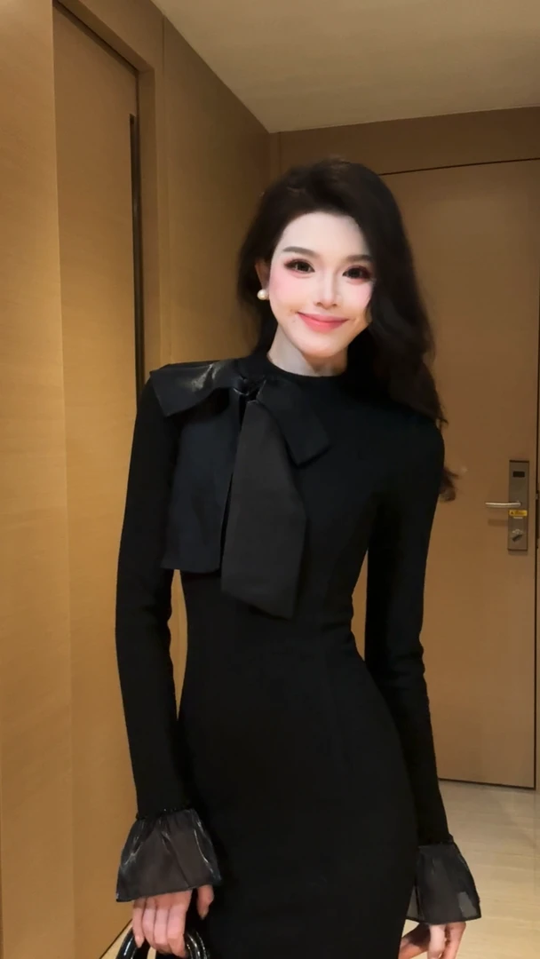 【蝴蝶恋人】8075款法式气质千金显瘦喇叭袖蝴蝶结鱼尾长袖连衣裙