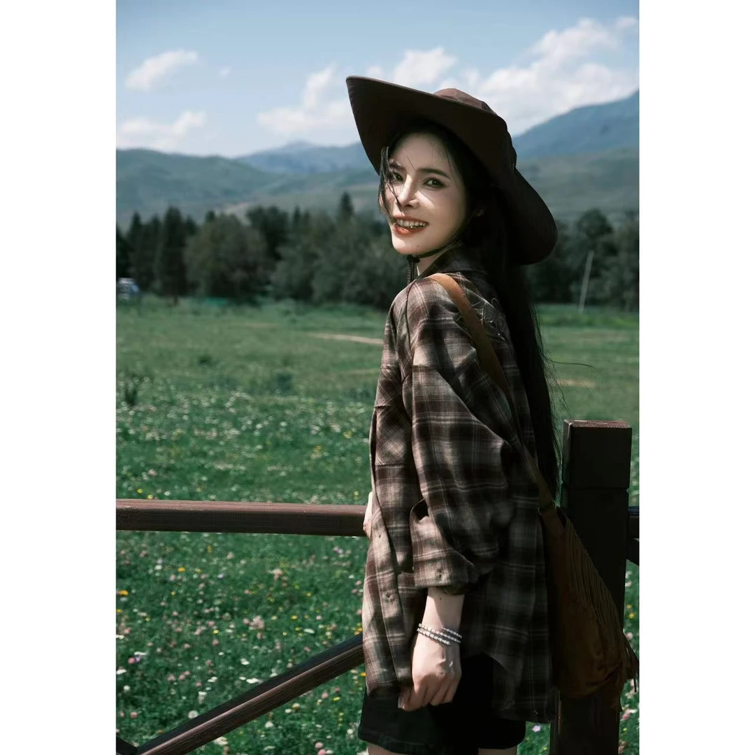 宿慕SUMU 女士格子衬衫8-1 秋季新款时尚百搭休长袖闲衬衫351