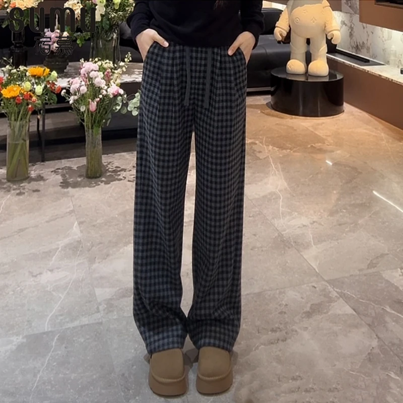宿慕SUMU 女款加绒格子阔腿裤11-24冬季新款时尚百搭裤B6905C