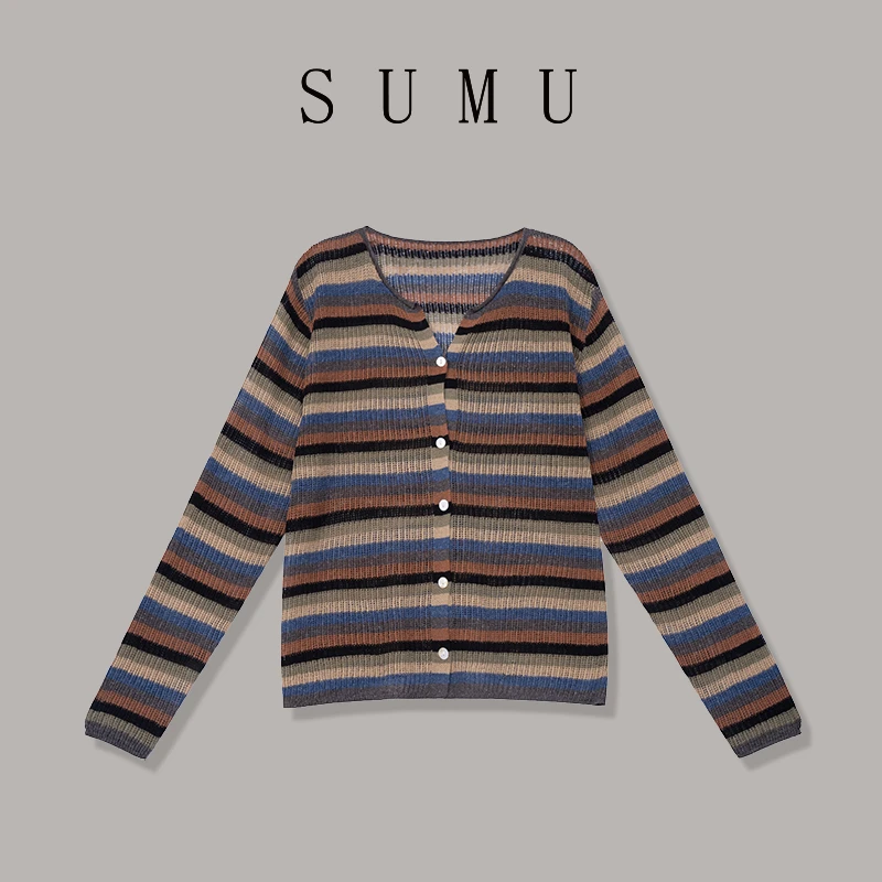 宿慕女款条纹针织衫圆领8-13秋款新款撞色慵懒风针织衫26701