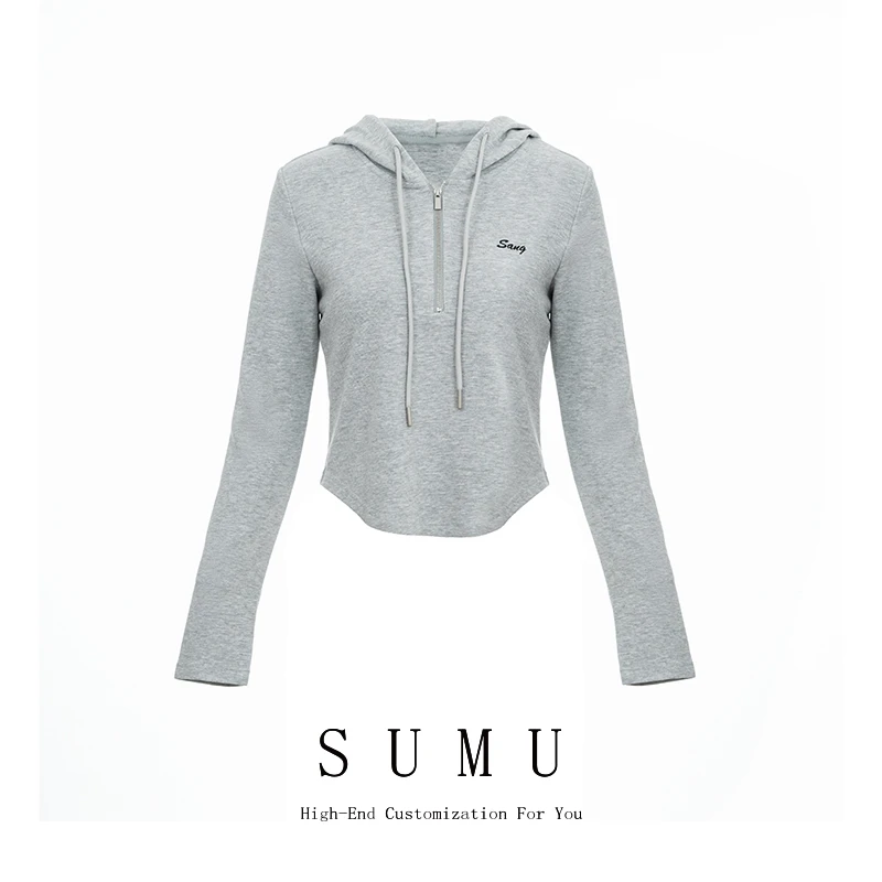 宿慕SUMU 女装T恤 2-17 春季新款纯色时尚连帽拉链体恤19178