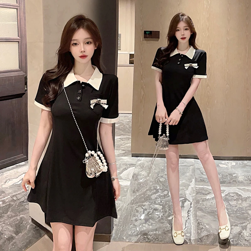 2024新款茶歇法式气质小个子短裙子小香赫本风黑色polo连衣裙子女