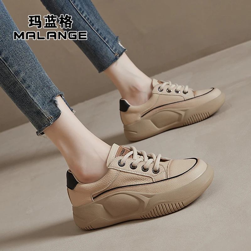 真皮松糕小白鞋女2023秋季新款运动单鞋百搭休闲厚底系带软底板鞋