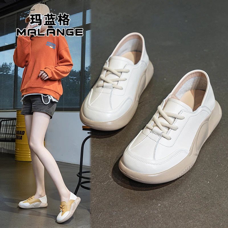 真皮松糕小白鞋女2024新款春季时尚单鞋百搭两穿厚底运动休闲板鞋