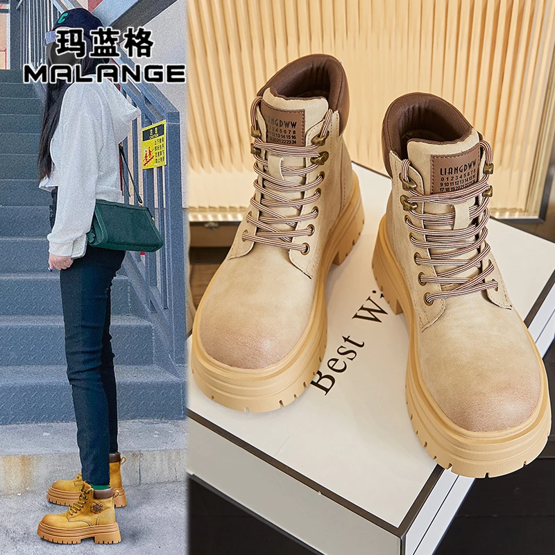 真皮厚底马丁靴女2024新款秋冬工装靴百搭时尚英伦增高大黄靴短靴