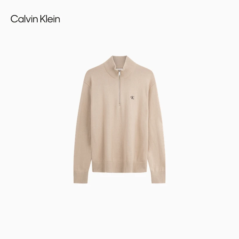 CK Jeans春秋男士休闲刺绣拉链半开襟立领内搭针织毛衣J326793