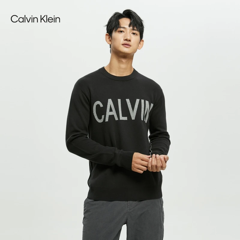 CK Jeans秋冬男士舒适休闲圆领LOGO提花保暖套头针织衫J323066