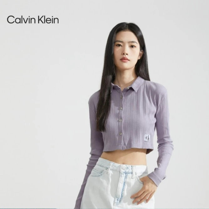 CK Jeans秋冬新款女士简约布标翻领纽扣开衫长袖T恤J221428