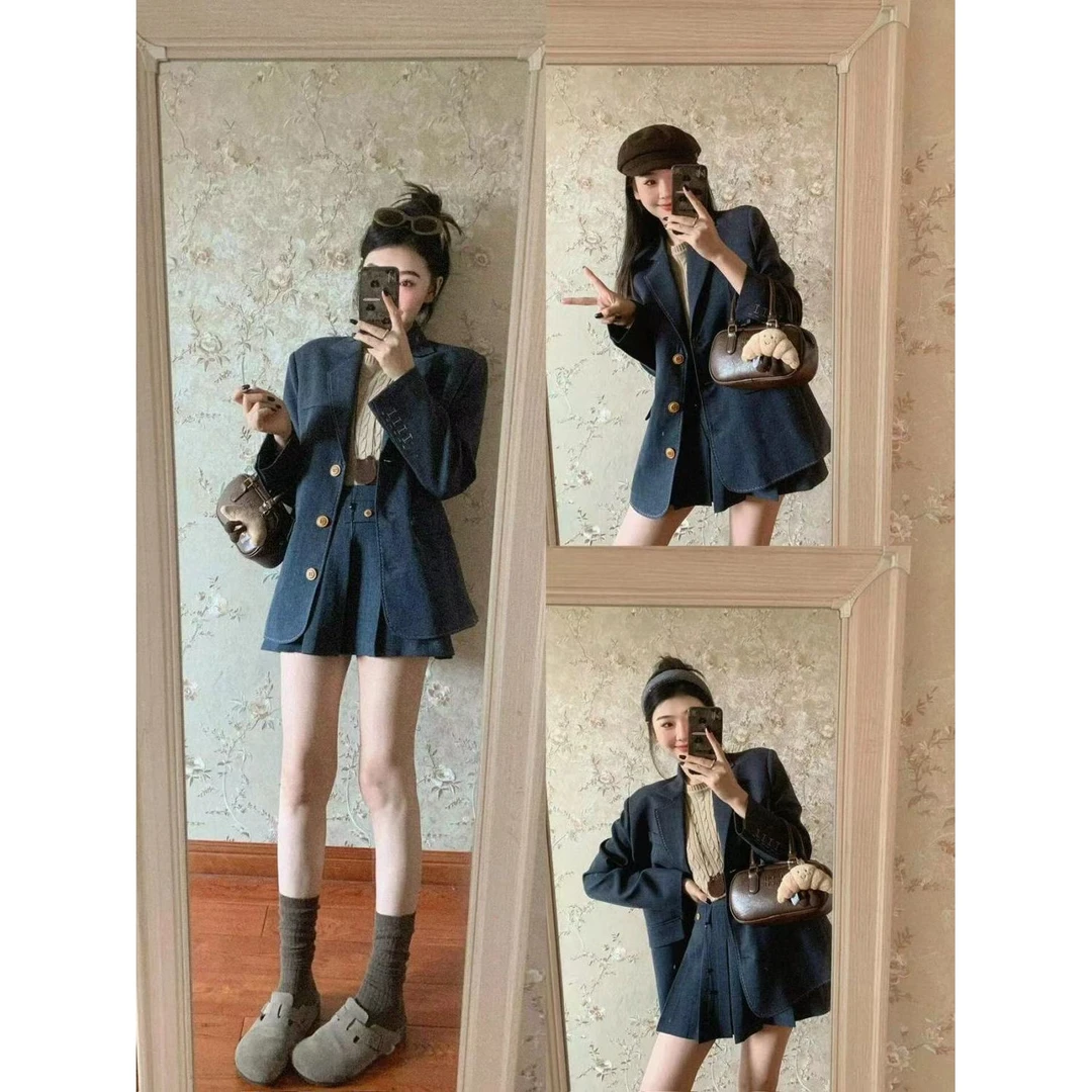 诺丁山学院设计感小众廓形西装外套女秋冬百褶裙通勤短款套装2500