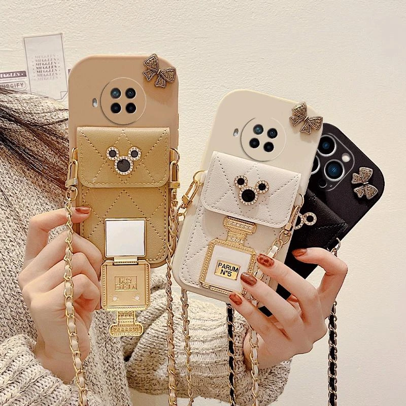 红米note9pro 5g卡包手机壳香水瓶支架镜面斜挎链可背带绳软女