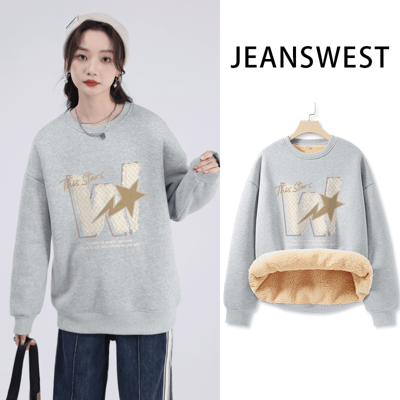 真维斯LIFE圆领套头卫衣字母印花灰色百搭秋冬季女款长袖卫衣外套