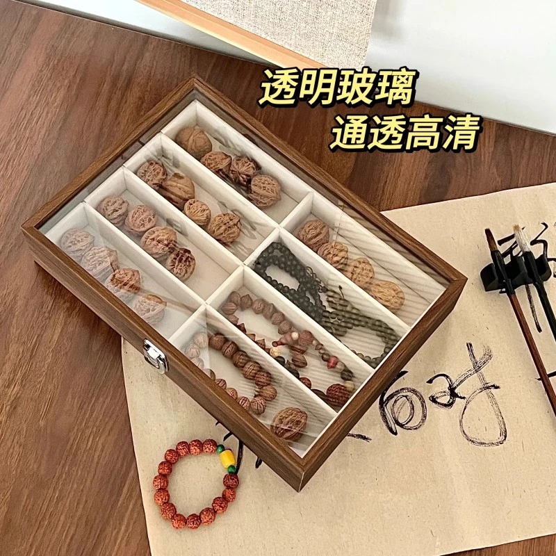 核桃文玩收纳盒复古木质防尘分格大容量透明核桃收纳盒架子中国风