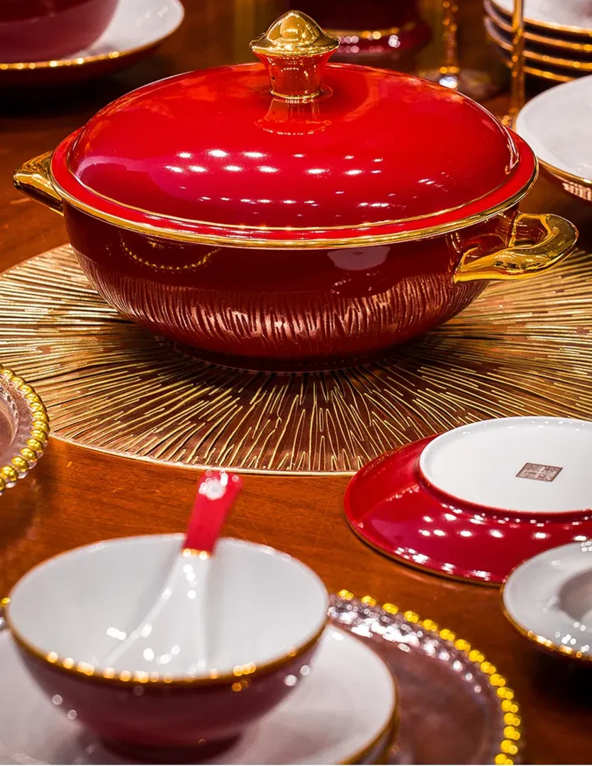 景德镇制【乔迁搬家结婚送礼】高白泥宝石红奢华新中式婚庆高端餐具