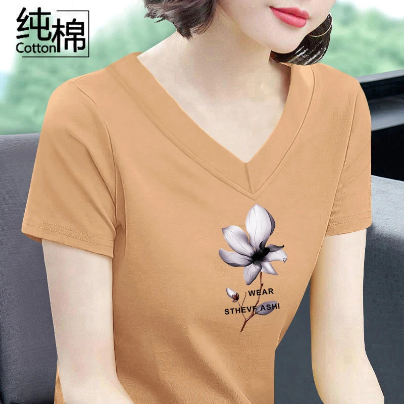 100%纯棉v领短袖t恤女中年妈妈装新款宽松显瘦休闲纯色设计感夏装