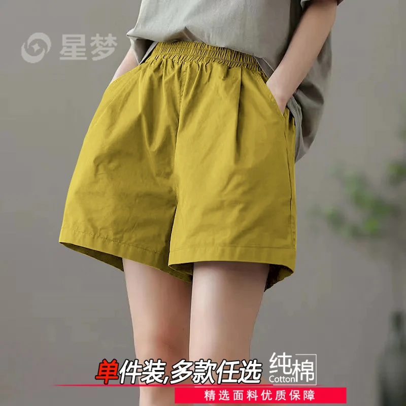 纯棉五分短裤女新款高腰直筒小个子阔腿裤夏薄款中年女士宽松热裤