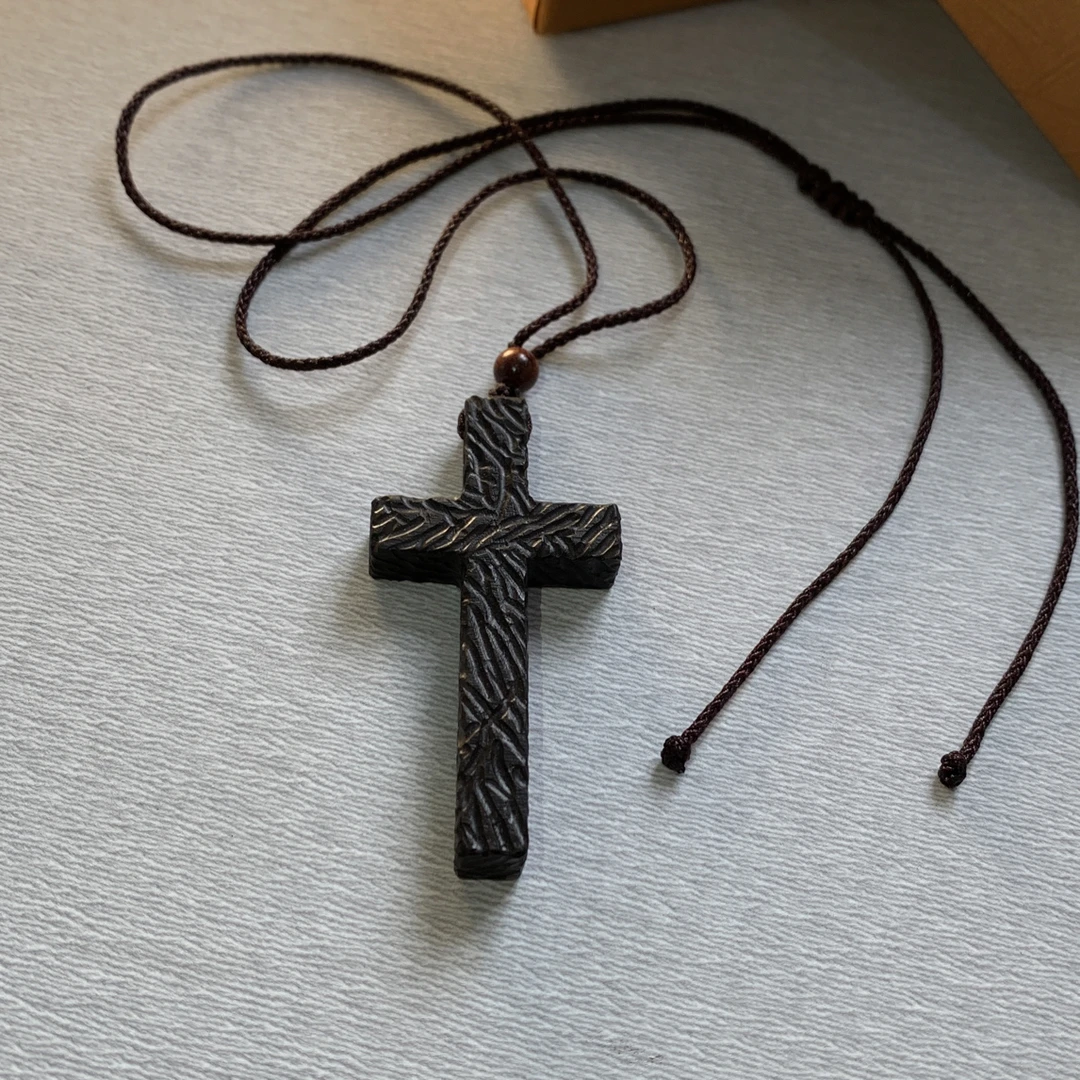 刻纹款紫光檀木手工制作十字架毛衣链吊坠小礼物送亲朋好友祝福
