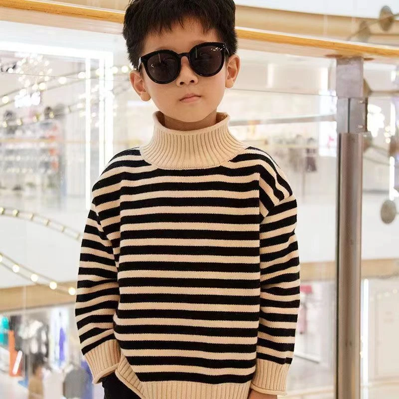 2024儿童针织毛衣男童女童条纹套头圆领秋冬款韩版休闲外套加绒