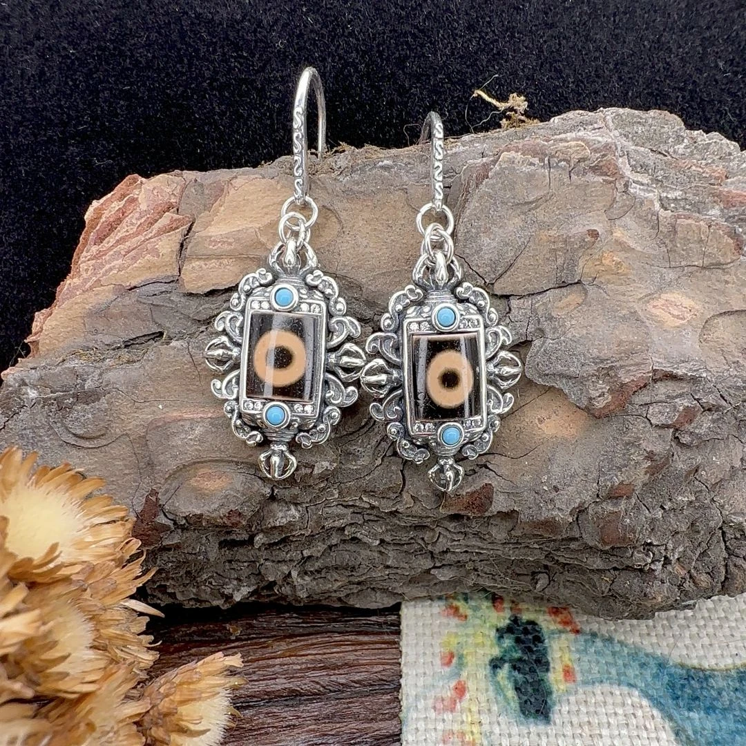 【吾柿古风】四杵手工台珠镶嵌大珠面设计款藏传风化复古925银耳钩