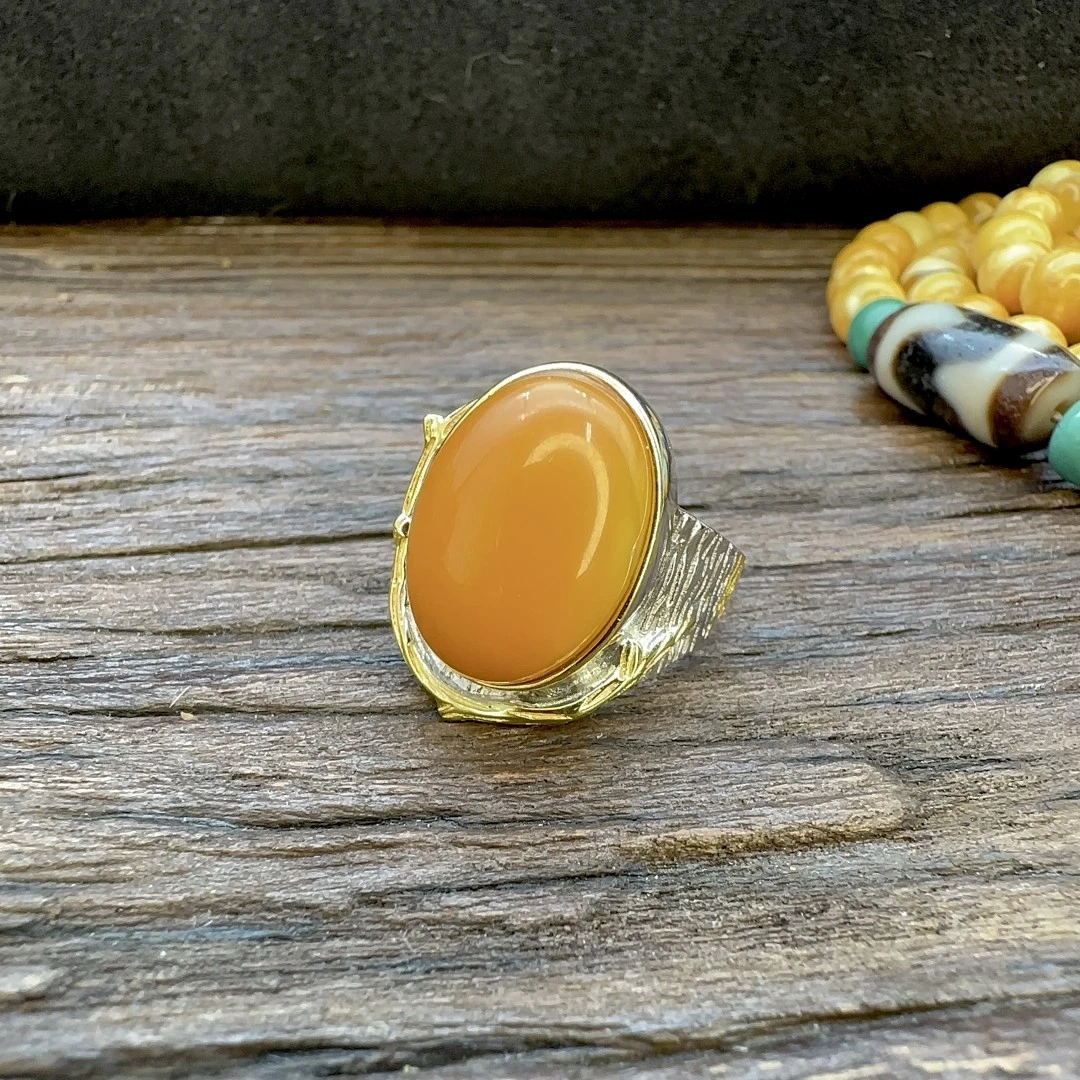 【柿柿如意】老蜡金色银色椭圆镶嵌多样性中古S925银镀金中性戒指