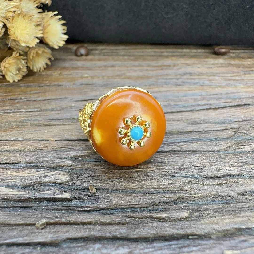 【柿柿如意】老蜡柿饼平安扣圆形设计款镶嵌多样性S925银镀金女戒