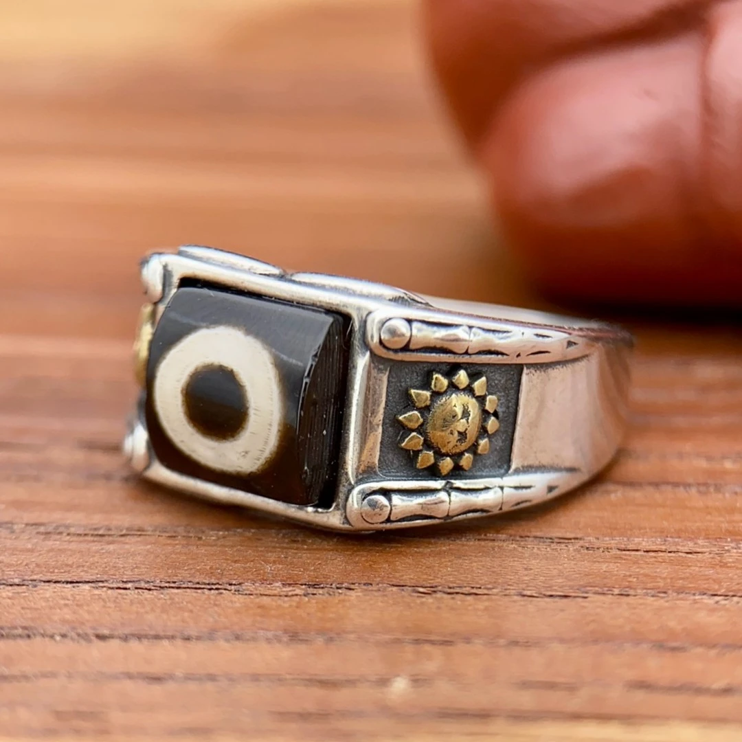 【诸柿吉】日月2.0台珠手工珠厚切厚镶黑白玛瑙925纯银镶嵌戒指男