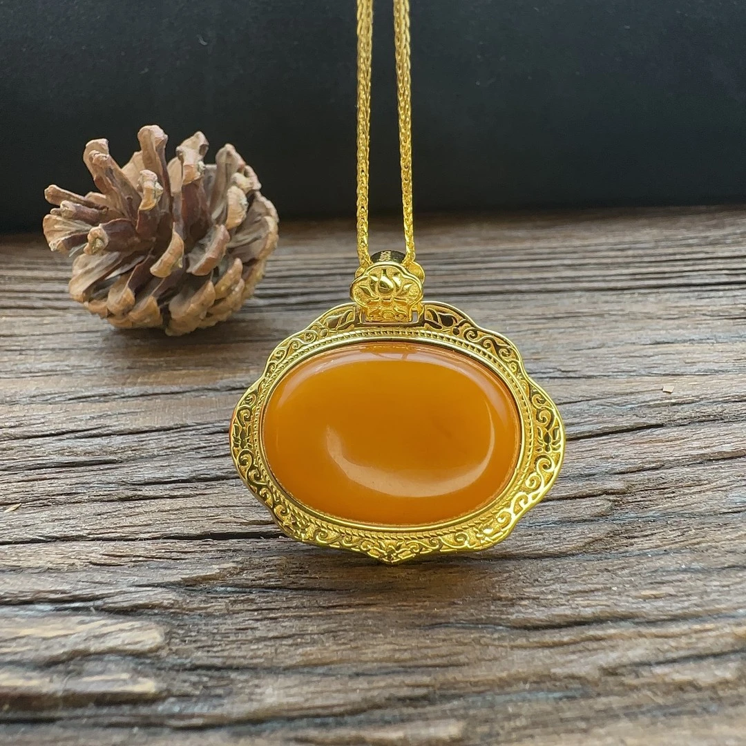 【柿柿如意】老蜡金色如意锁大镶嵌多样性中古S925银镀金吊坠带链