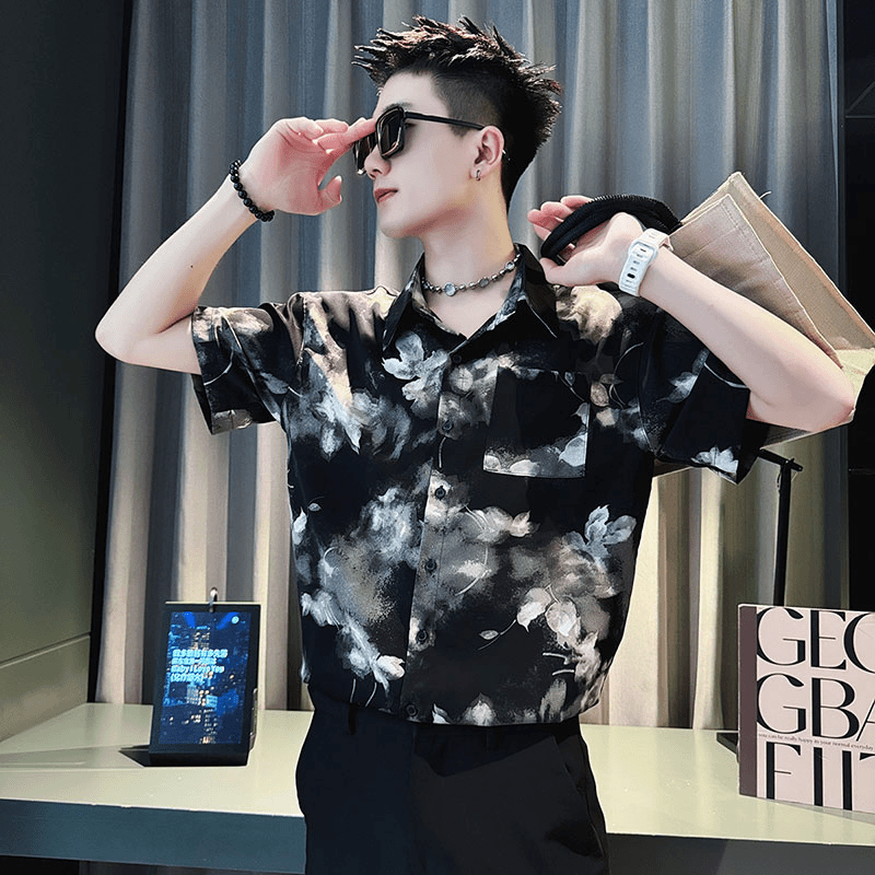 设计感泼墨印花短袖衬衫男夏季潮牌痞帅衬衣2024新款冰丝薄款上衣