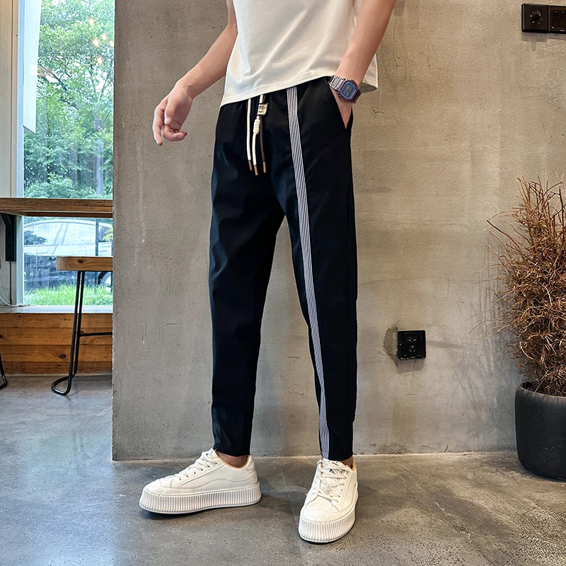 高级感条纹裤子男潮牌男裤韩版修身九分小脚裤夏季痞帅薄款休闲裤