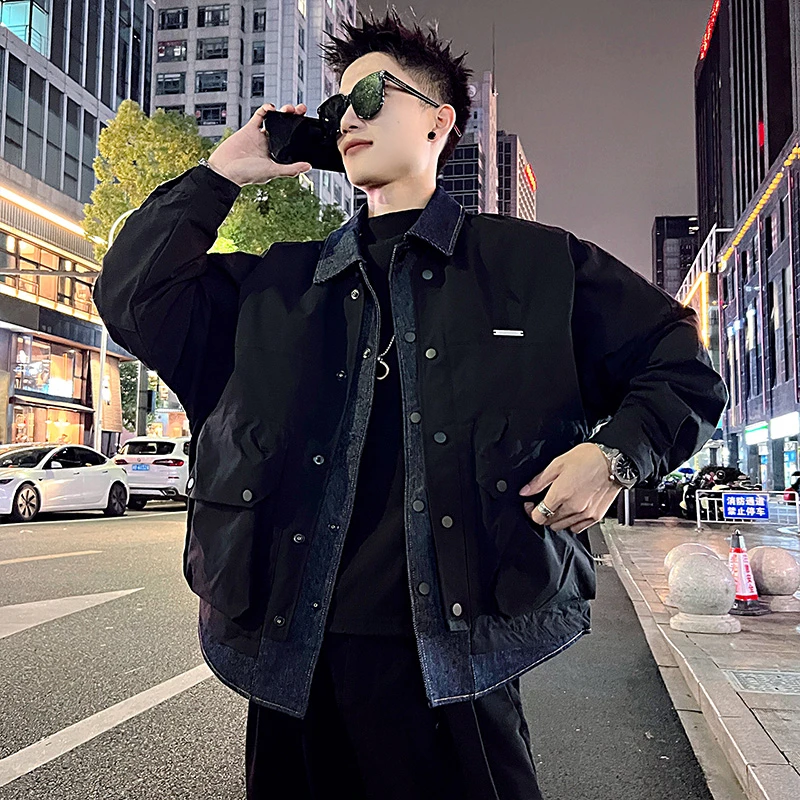 假两件牛仔拼接棉服男款冬季男装2024新款高级感痞帅工装棉衣外套