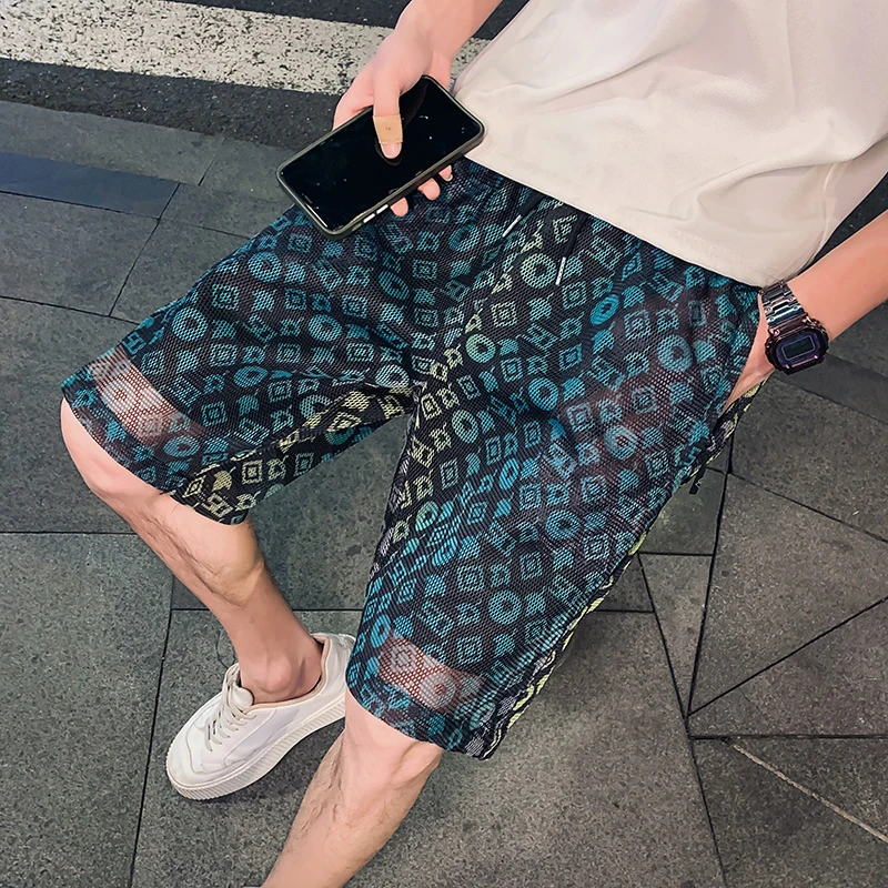 夏季短裤男潮牌冰丝中裤子2023新款沙滩裤休闲五分裤印花痞帅男裤
