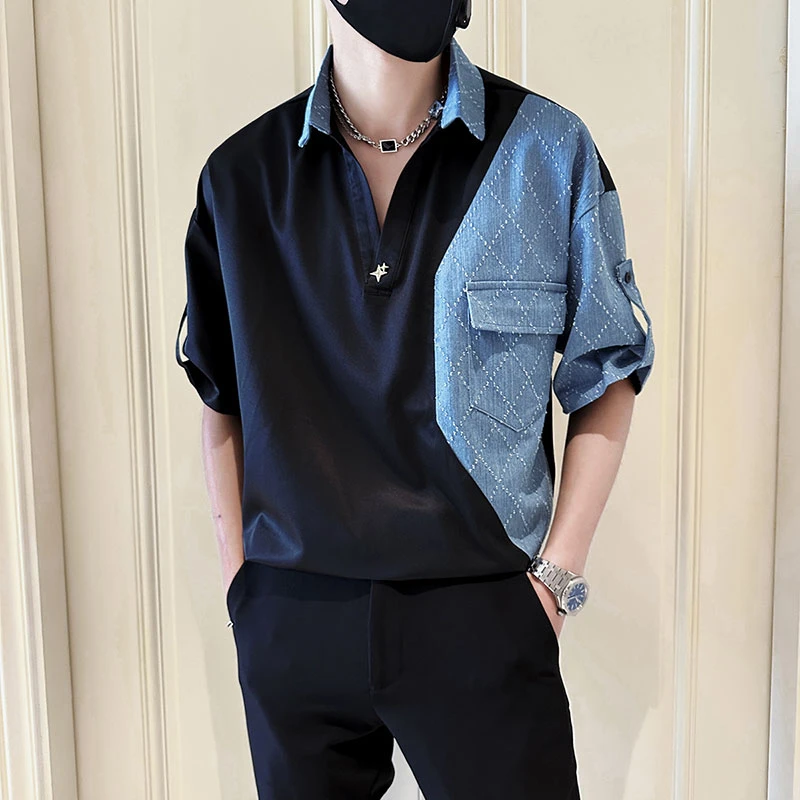 牛仔拼接V领衬衫男潮牌五分袖寸衫2023新款夏季宽松休闲短袖衬衣