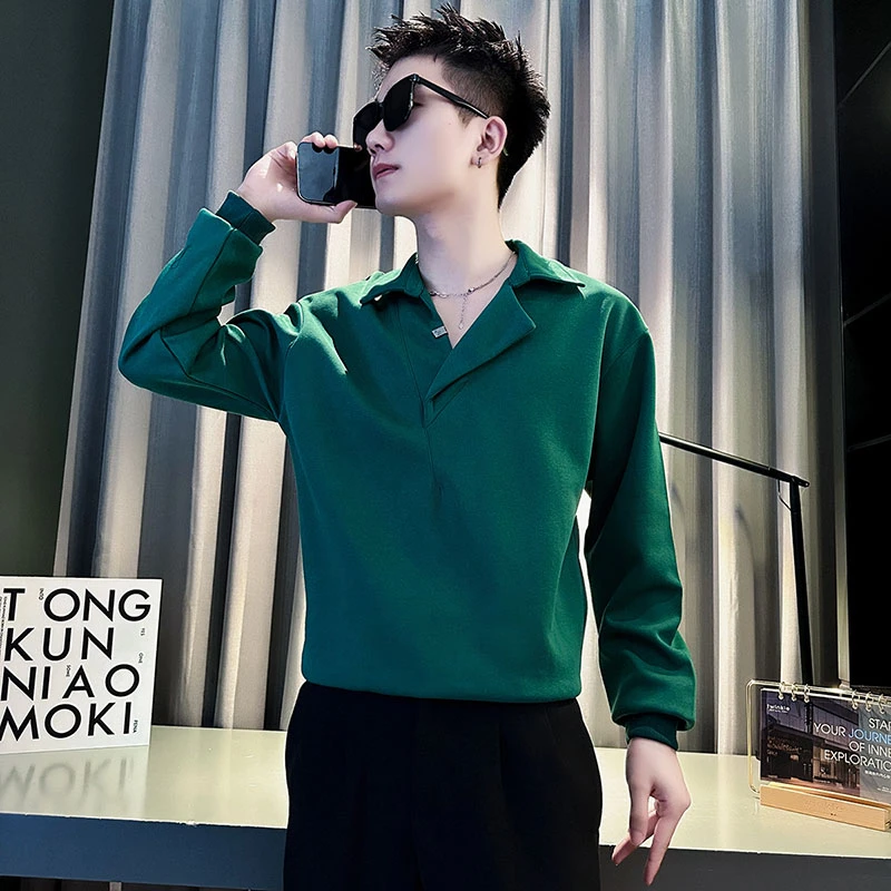 潮牌v领卫衣男2024新款春秋款长袖古巴领polo衫初秋潮男高级感t恤
