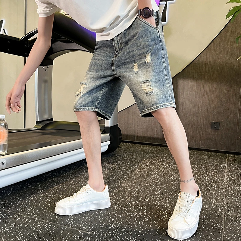 潮牌破洞牛仔短裤男士痞帅中裤子2023新款休闲男裤潮流宽松五分裤