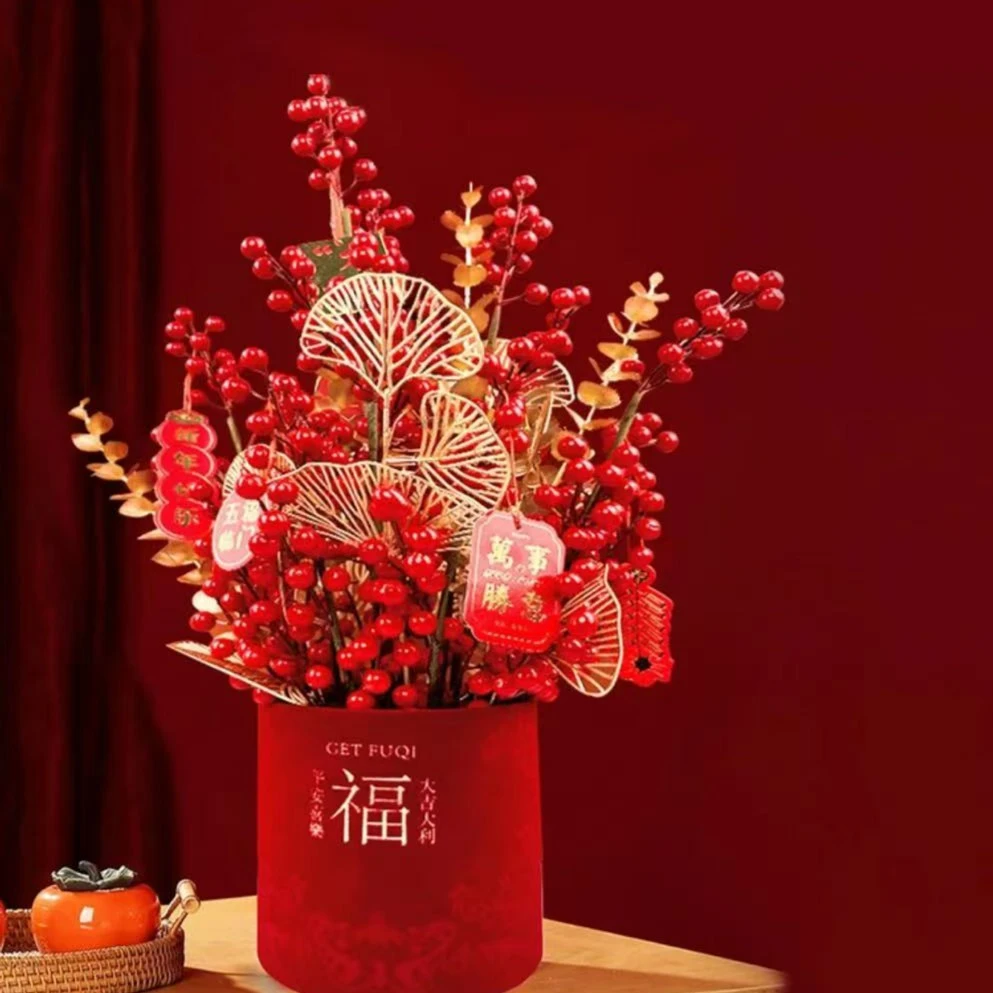 【精选】红果发财果乔迁摆件大福桶装饰新年福通红浆果发财果