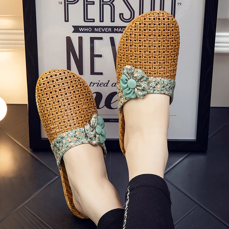 夏日懒人凉拖竹编凉席女亚麻拖鞋居家家情侣室内草编凉拖鞋男夏季