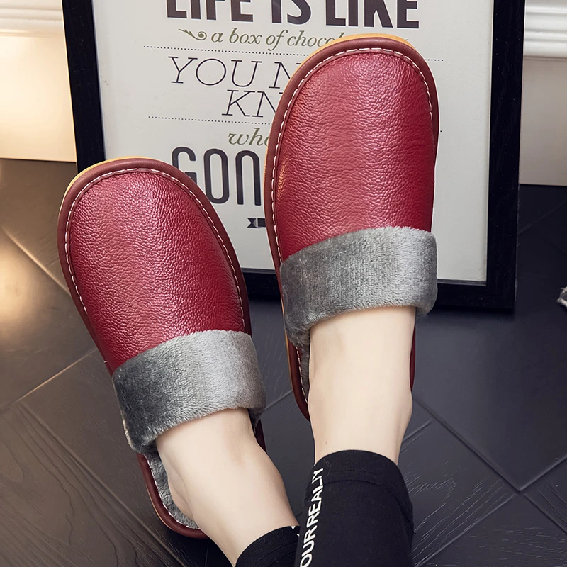 海宁【头层牛皮】秋冬家居室内情侣棉拖鞋女防滑防水厚底男皮拖鞋