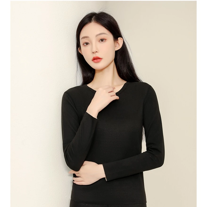 新女款无痕显瘦百搭时尚风圆领保暖套秋冬季羊毛蚕丝保暖内衣套装