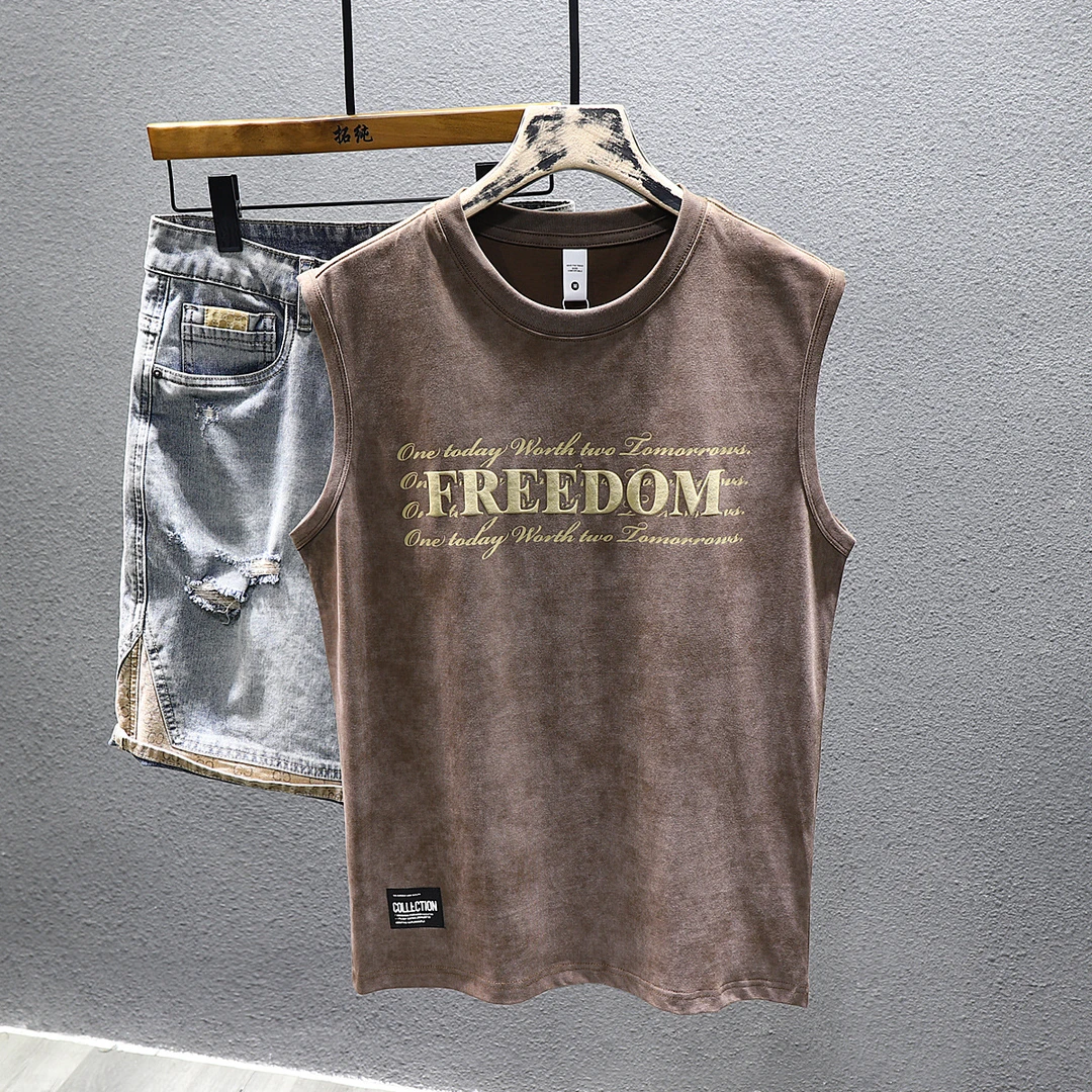 2025潮牌印花重磅无袖背心男士宽松坎肩夏季纯棉运动健身篮球t恤