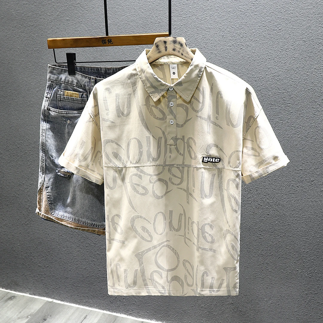 夏季冰丝速干短袖polo衫男宽松潮流翻领半袖满印薄款潮牌上衣t恤