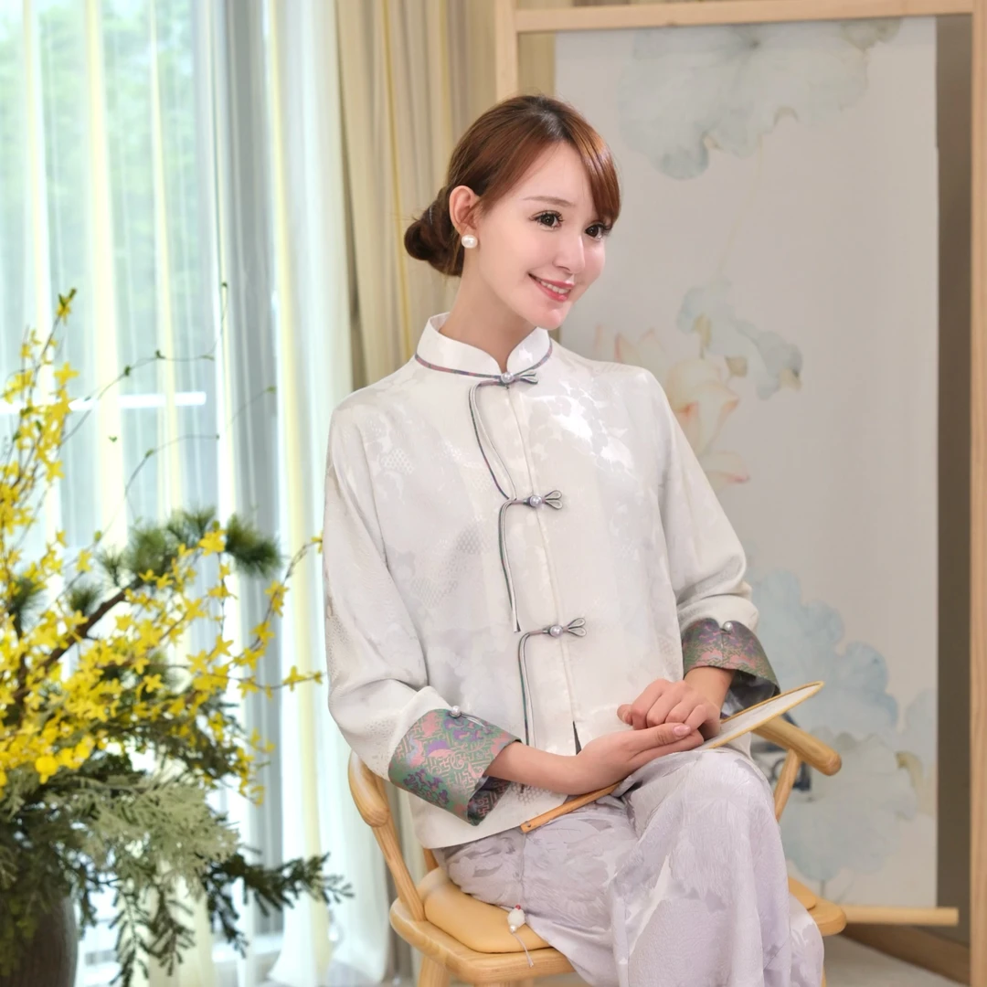 NuoNuo【在水伊方】100桑蚕丝冠乐绉宋锦新中式外套长袖立领23W0033