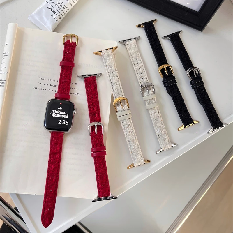 手工毛呢真皮适用于iwatch苹果表带s9轻奢applewatch5678se腕带女