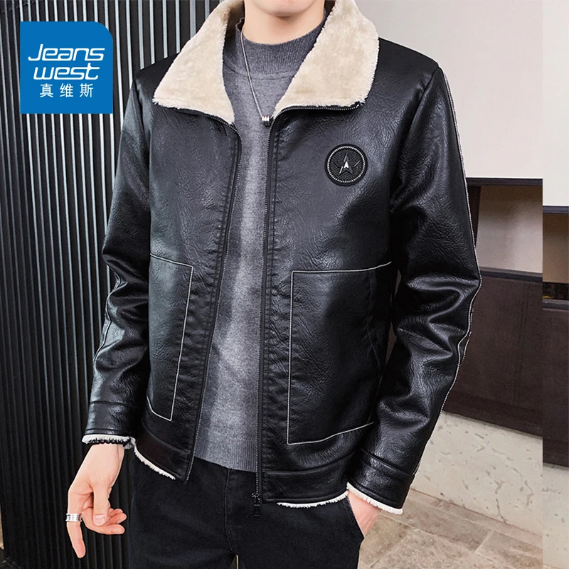 真维斯皮衣男士冬季羊羔绒翻领加绒加厚外套保暖棉服修身男装夹克
