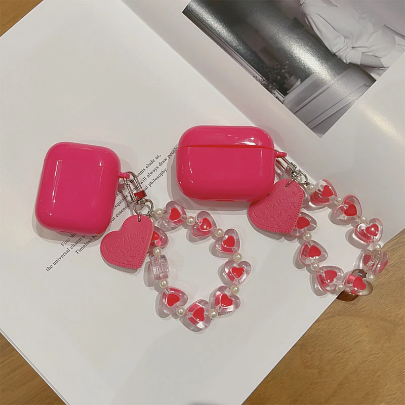 玫红色苹果耳机套airpods保护壳1/2代适用airPro3爱心链条女款ins