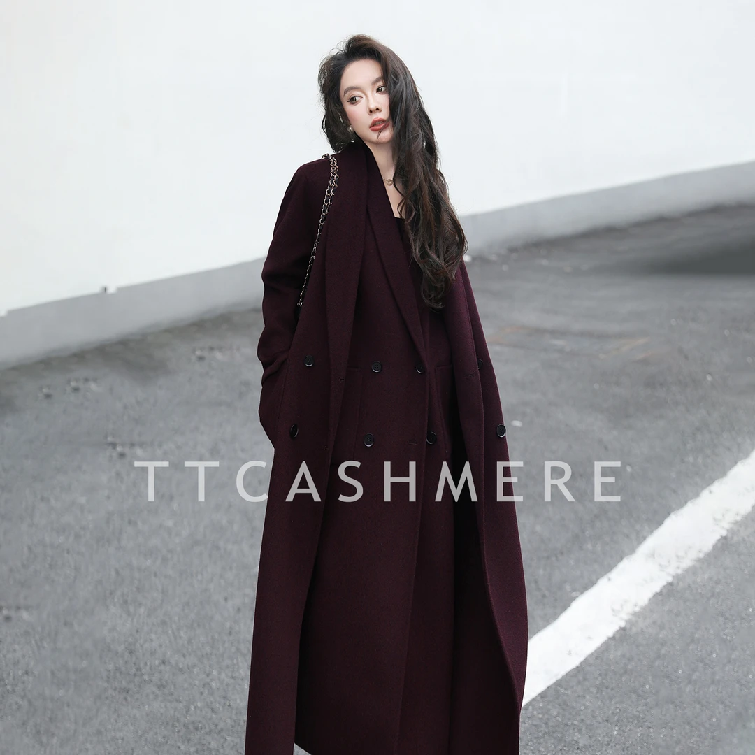 TT紫色假两件高端韩版中长款毛呢外套宽松双面呢秋冬