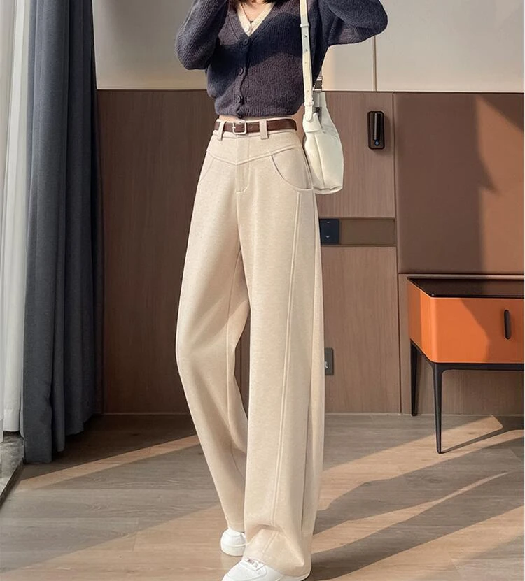 实拍2024秋冬新款毛呢阔腿裤拖地裤高腰窄版加绒休闲裤女 带腰带
